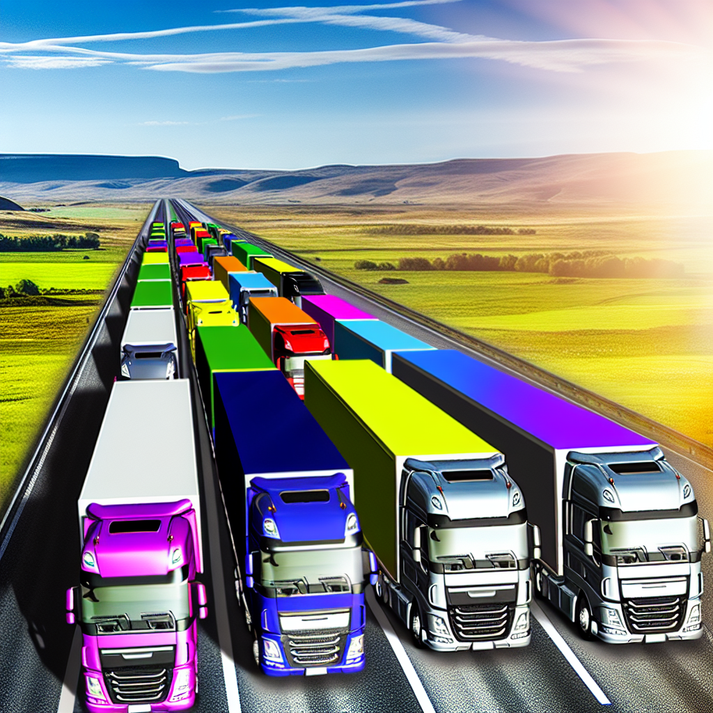 A symbolic representation of leadership in the trucking industry, featuring a convoy of trucks on a road, symbolizing teamwork and direction, with a clear blue sky in the background.