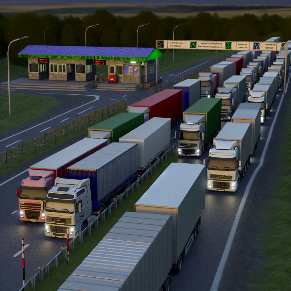 trucks waiting at a border crossing to symbolize the impact of tariffs