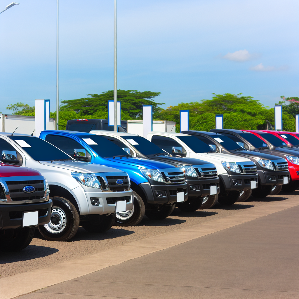 Image of a line of used trucks in a dealership lot