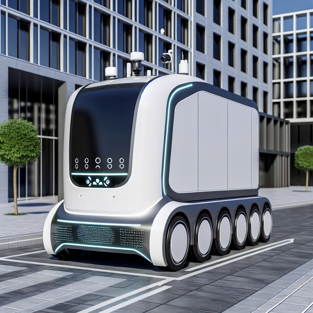 A simple visual representation of a Gatik autonomous truck showcasing its modern design and technology in an urban setting.