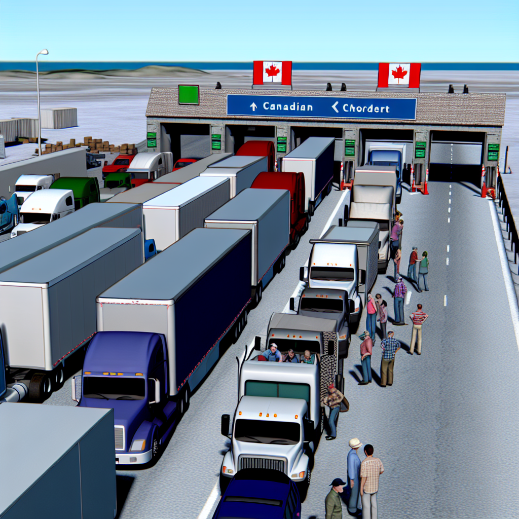 Long lines of trucks backed up at a Canadian border crossing, illustrating frustration and delays faced by drivers due to border backups.
