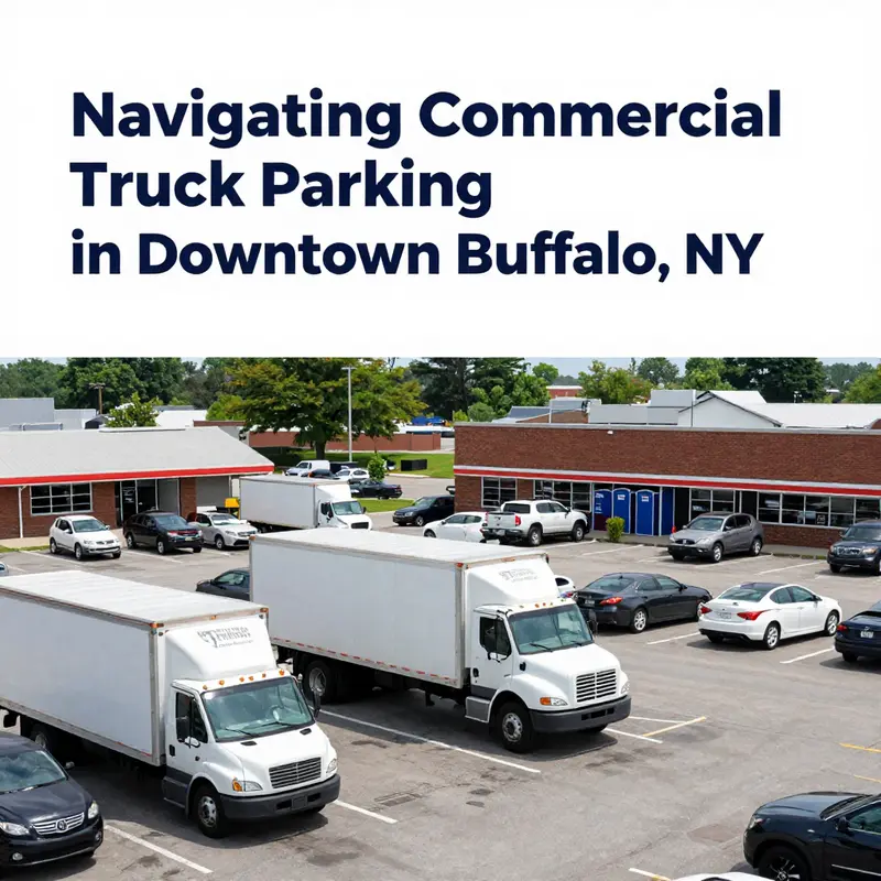 Commercial trucks parked in designated areas in downtown Buffalo, showcasing signage about local parking regulations.