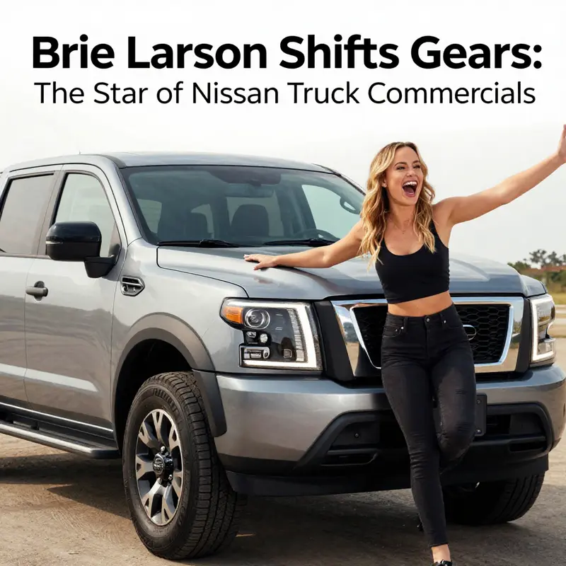 Brie Larson showcases her commanding presence alongside the robust Nissan truck, symbolizing strength and reliability.