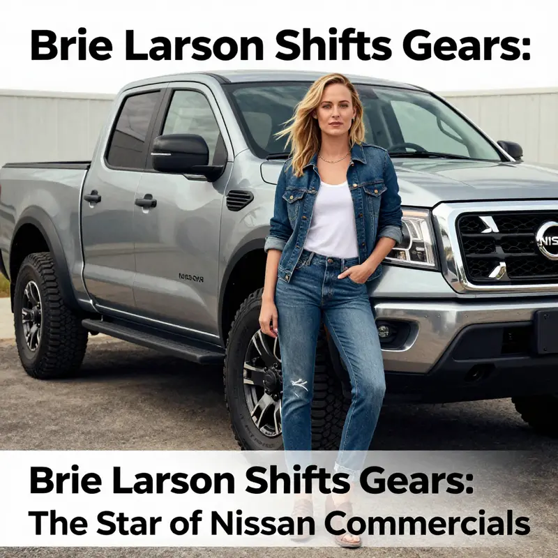 Brie Larson showcases her commanding presence alongside the robust Nissan truck, symbolizing strength and reliability.