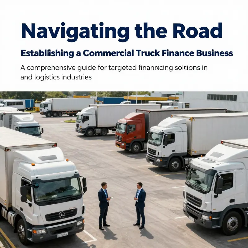 A vibrant commercial truck yard showcasing various trucks and finance representatives.