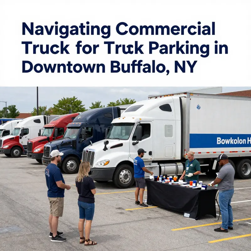 Commercial trucks parked in designated areas in downtown Buffalo, showcasing signage about local parking regulations.