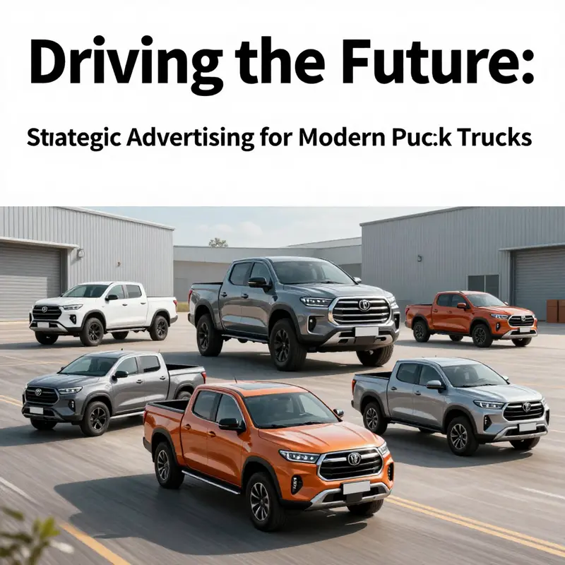 A variety of modern pickup trucks displayed in a dynamic and visually appealing advertising context.