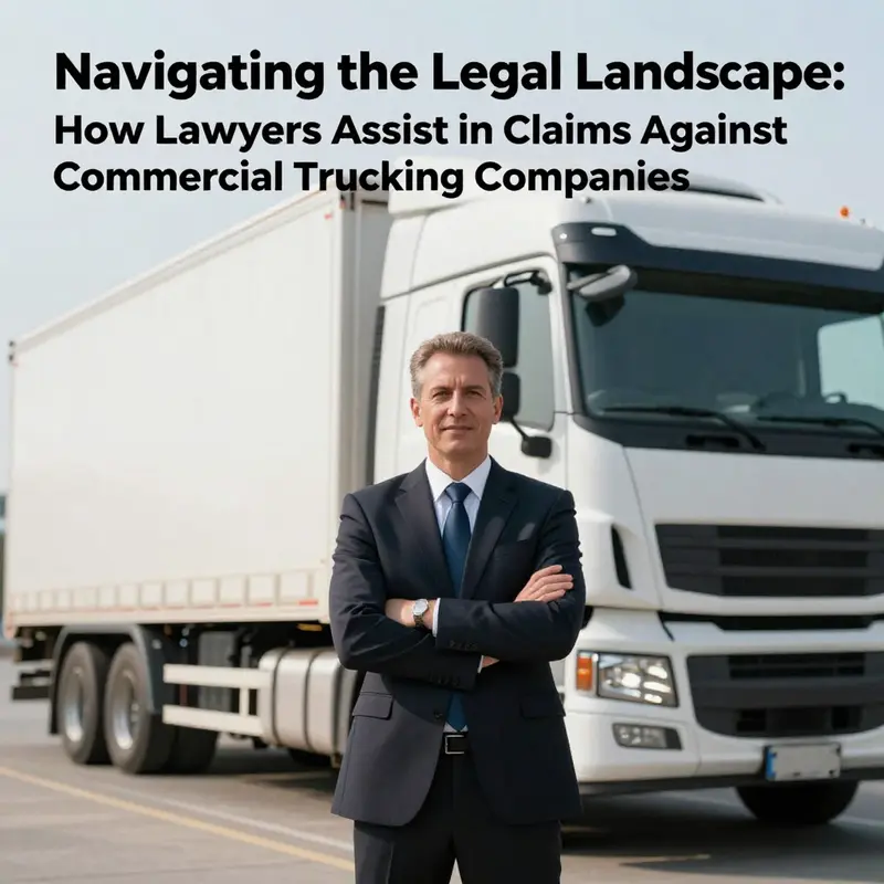 A lawyer next to a commercial truck, symbolizing assistance in legal claims against trucking companies.