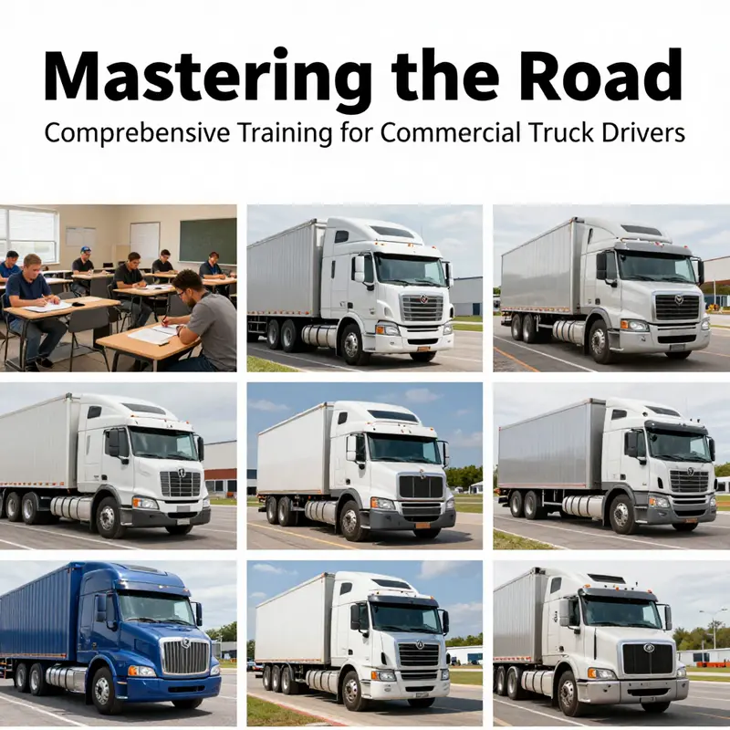 A collage depicting different training environments and experiences for commercial truck drivers.