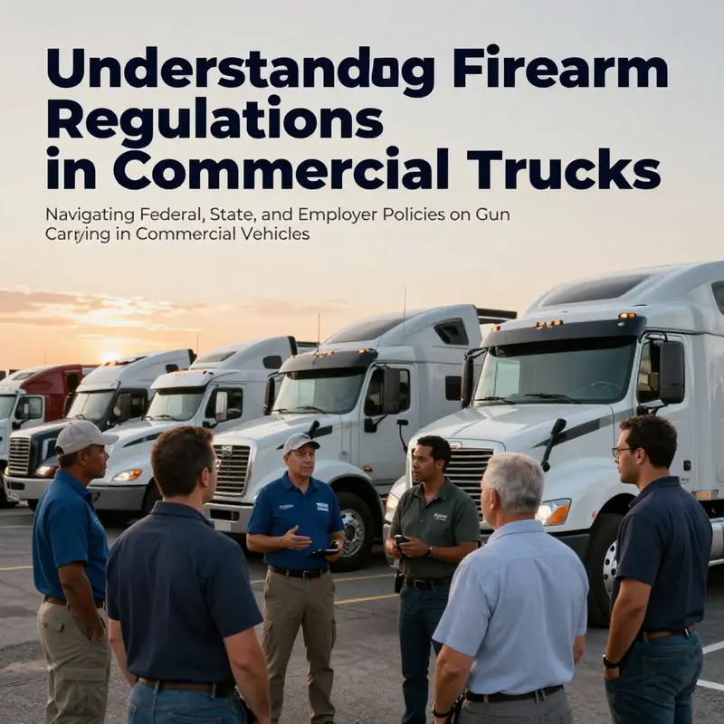 A diverse group of truck drivers sharing insights on firearm regulations in front of commercial trucks at sunset.