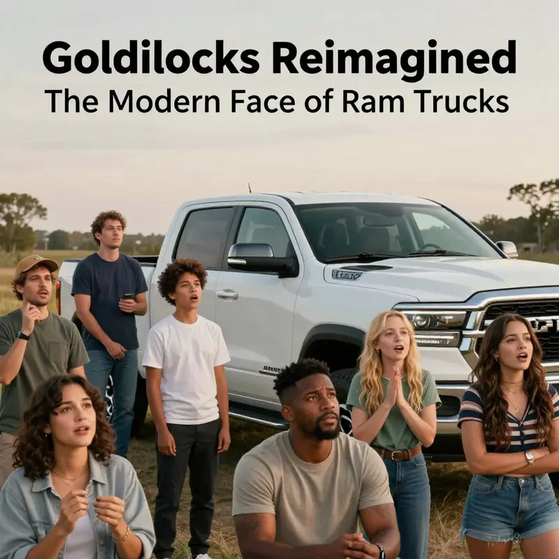 Glen Powell as Goldilocks in a Ram Truck, showcasing comfort and performance.