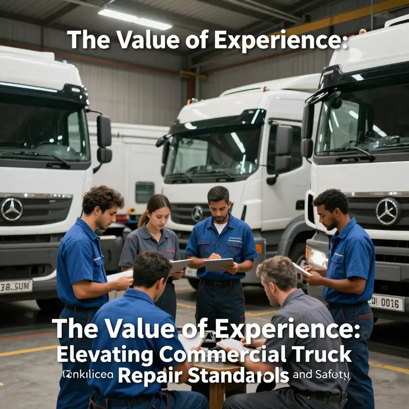 A diverse team of mechanics working on commercial trucks, symbolizing teamwork and expertise in the repair industry.