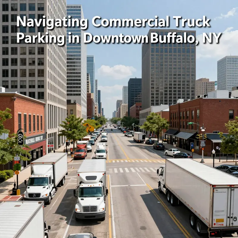 Panoramic view of downtown Buffalo with commercial trucks and busy streets illustrating the city's trucking environment.