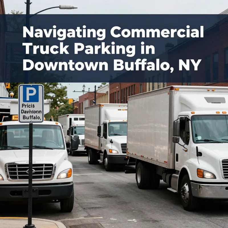 Commercial trucks parked in designated areas in downtown Buffalo, showcasing signage about local parking regulations.