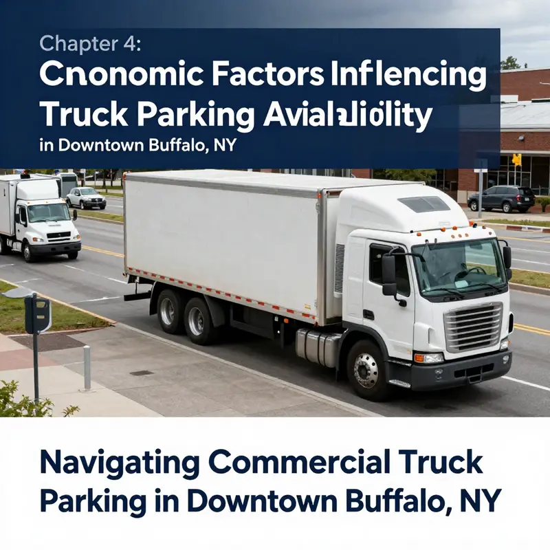 Commercial trucks parked in designated areas in downtown Buffalo, showcasing signage about local parking regulations.