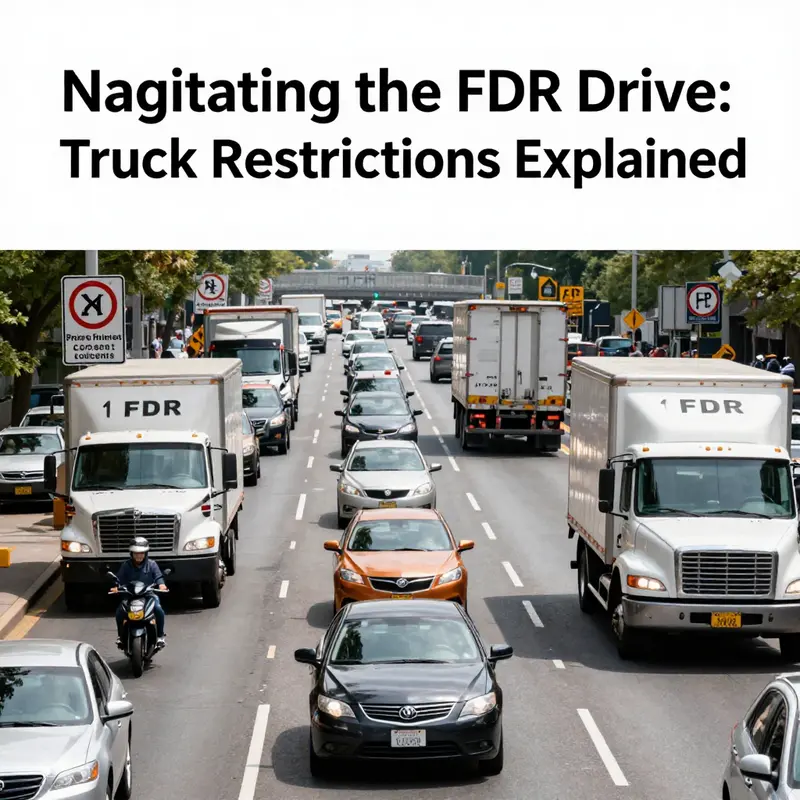 Signage on the FDR Drive prohibiting commercial truck access to ensure smooth traffic flow.