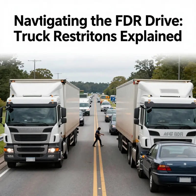 Signage on the FDR Drive prohibiting commercial truck access to ensure smooth traffic flow.