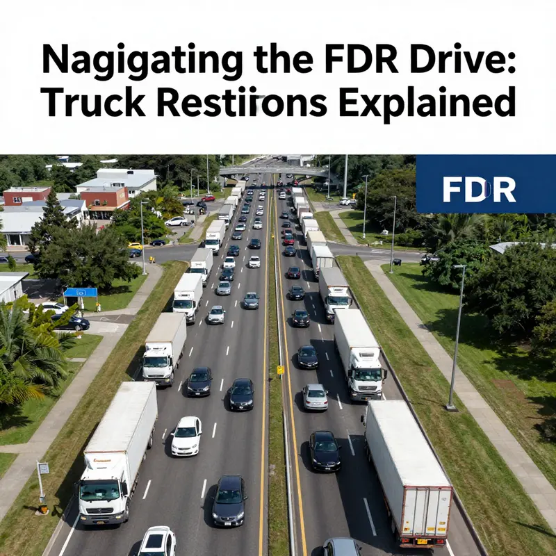 Signage on the FDR Drive prohibiting commercial truck access to ensure smooth traffic flow.