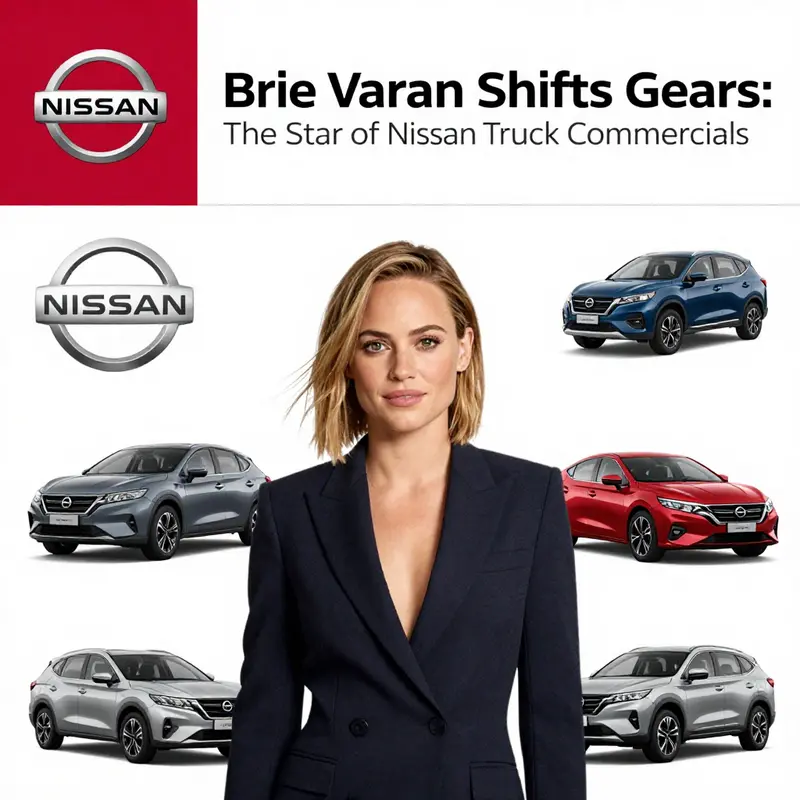 Brie Larson showcases her commanding presence alongside the robust Nissan truck, symbolizing strength and reliability.