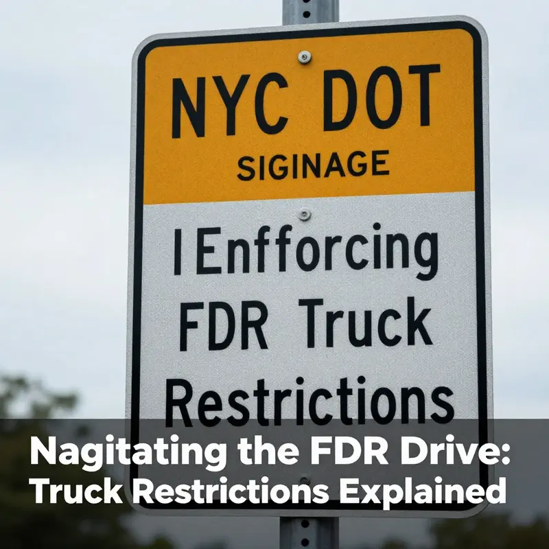Signage on the FDR Drive prohibiting commercial truck access to ensure smooth traffic flow.