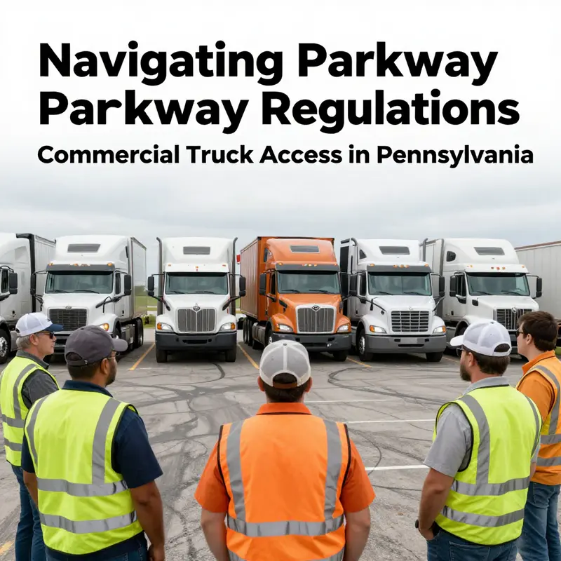 Commercial trucks navigating Pennsylvania parkway during peak hours, emphasizing regulatory signage.