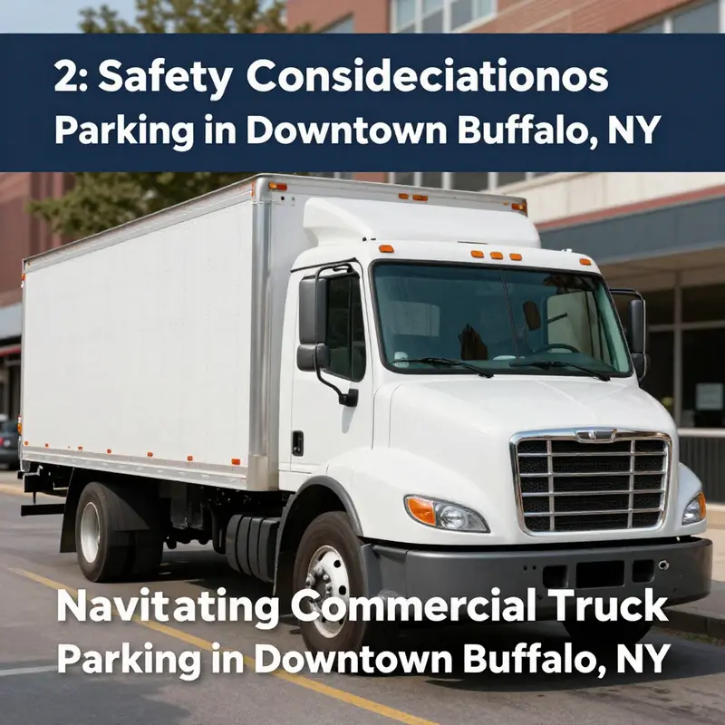 Commercial trucks parked in designated areas in downtown Buffalo, showcasing signage about local parking regulations.