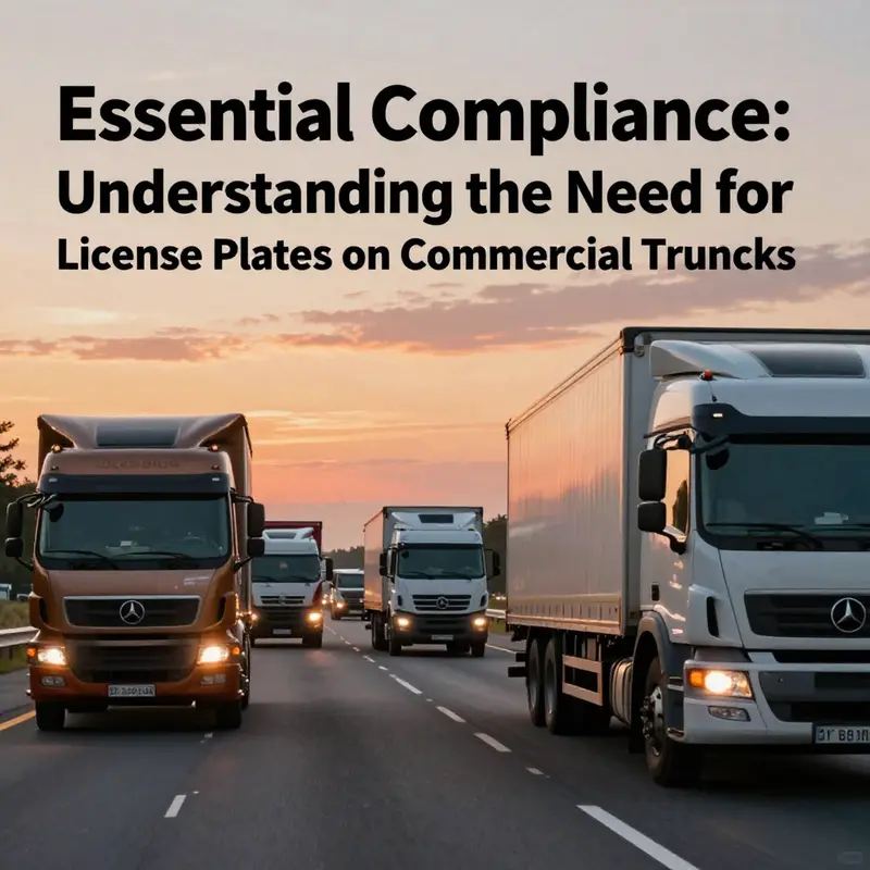 A lineup of commercial trucks driving on a highway, each displaying their license plates under a colorful sunset sky.