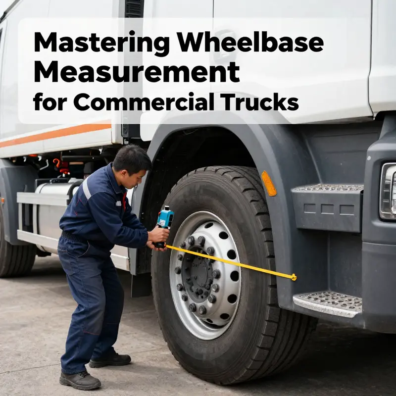 A guide illustrating the precise method for measuring the wheelbase on a commercial truck.