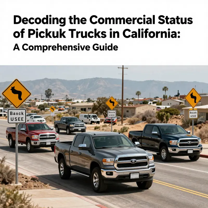 A diverse array of pickup trucks driving on a California highway, representing the distinction between commercial and personal vehicle registrations.