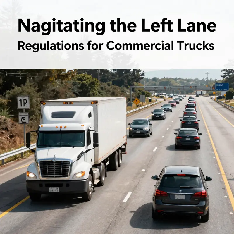 A commercial truck navigating the left lane on a California highway, highlighting state-specific regulations.
