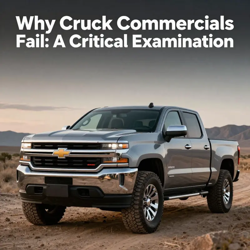 A Chevy truck prominently displayed in a rugged environment, symbolizing the disparity between commercial themes and actual consumer needs.