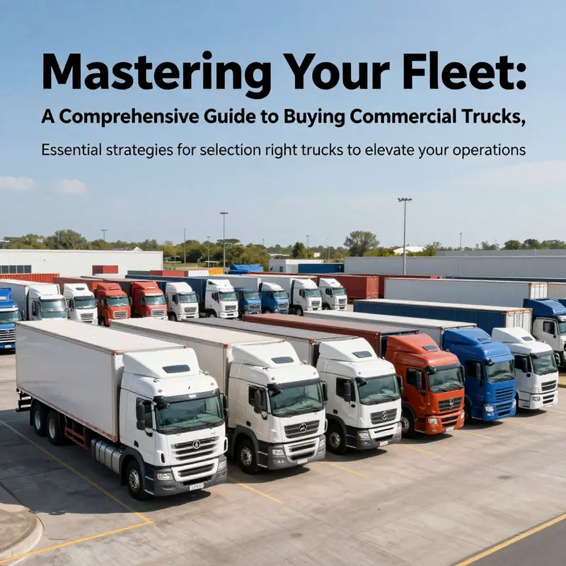 A collection of commercial trucks of various models parked at a logistics facility against a clear sky.