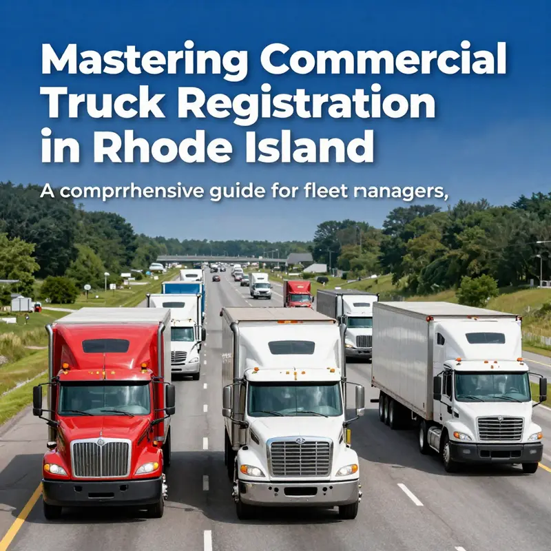 A fleet of commercial trucks driving on a Rhode Island highway.