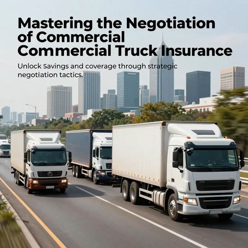Various commercial trucks driving with a city financial district in the background, representing the importance of insurance negotiation.
