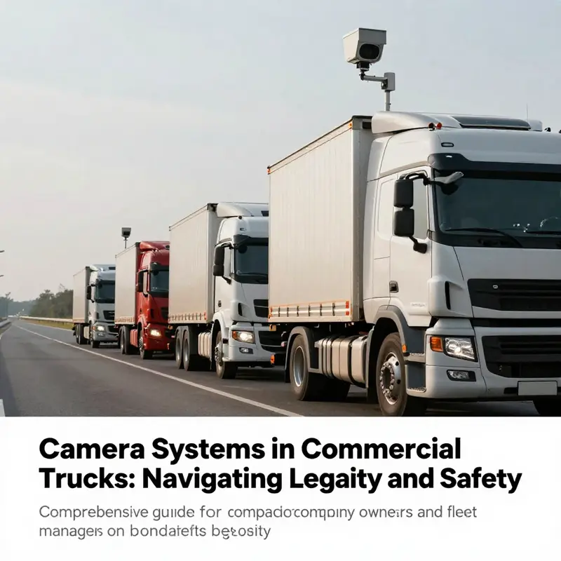 A fleet of commercial trucks on a highway showcasing the use of camera systems for safety.