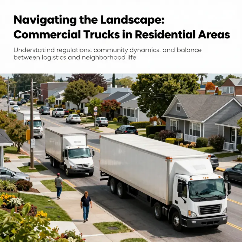 A vibrant urban scene with commercial trucks operating in a residential neighborhood, highlighting the interaction between logistics and community.