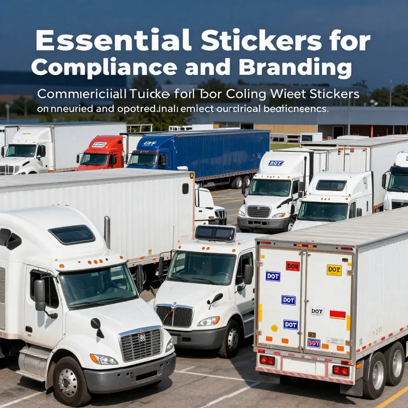Multiple commercial trucks in a logistics area displaying various regulatory and branding stickers.