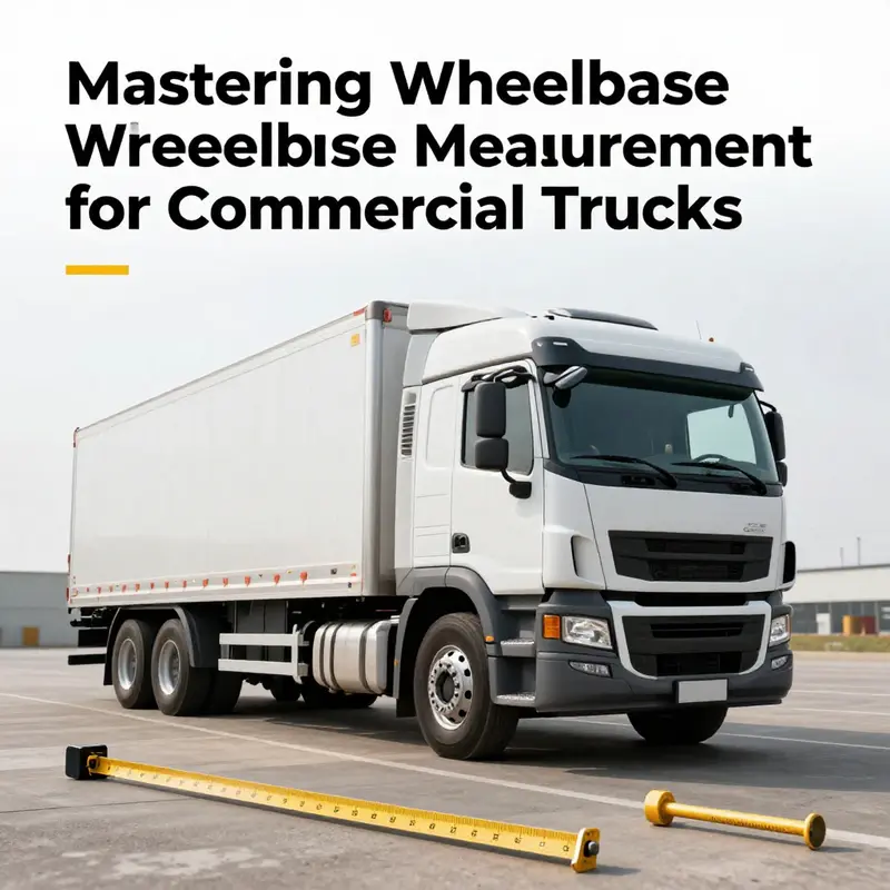 A commercial truck parked on a flat surface with measuring tools ready for wheelbase measurement.