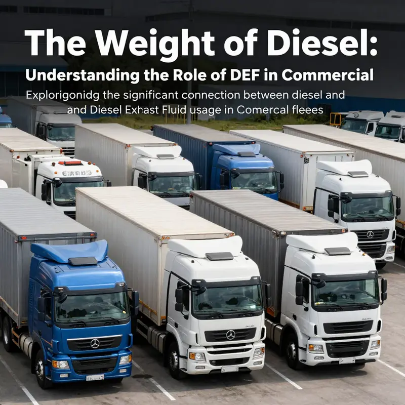 A dynamic image of a truck yard filled with commercial diesel trucks, symbolizing the relationship between diesel trucking and DEF usage.