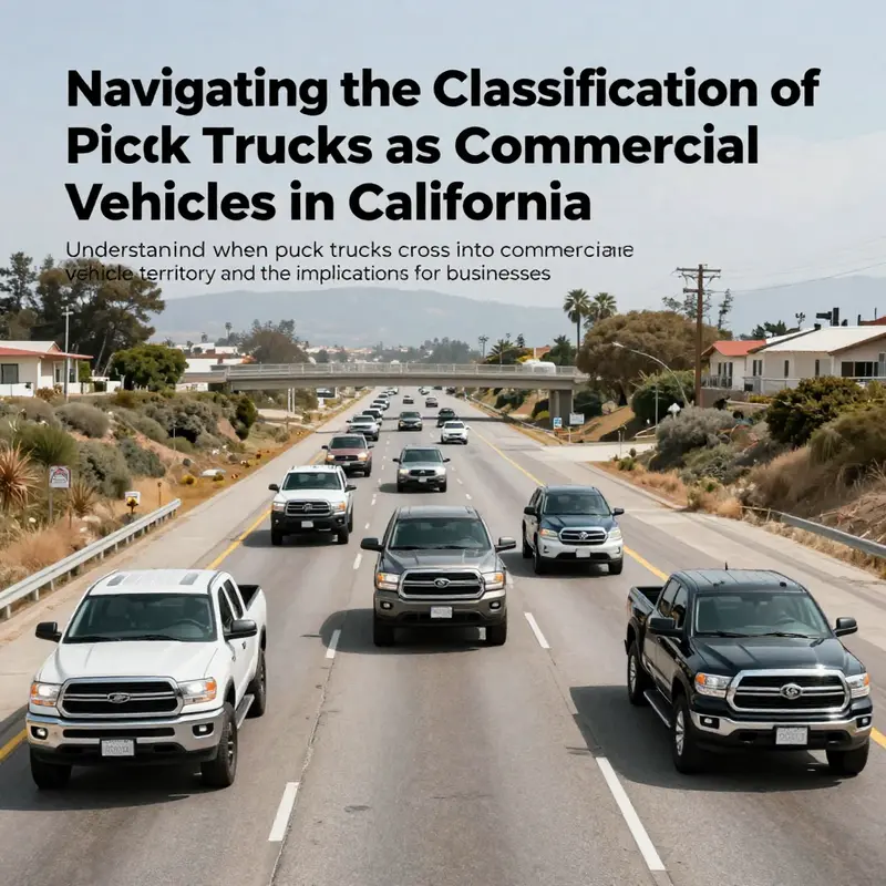 A scenic view featuring an array of pickup trucks driving on a California highway, highlighting their dual classification.
