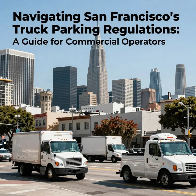 A panoramic view of San Francisco's skyline with commercial trucks in the foreground, representing urban parking challenges.