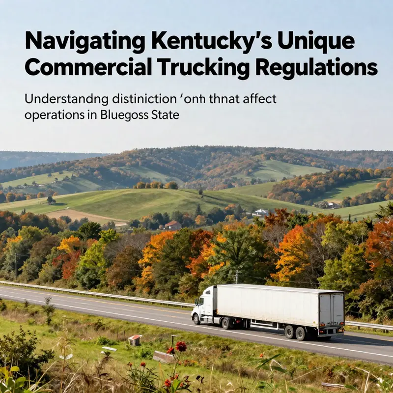 A scenic view of a Kentucky highway with a commercial truck amidst rolling hills.