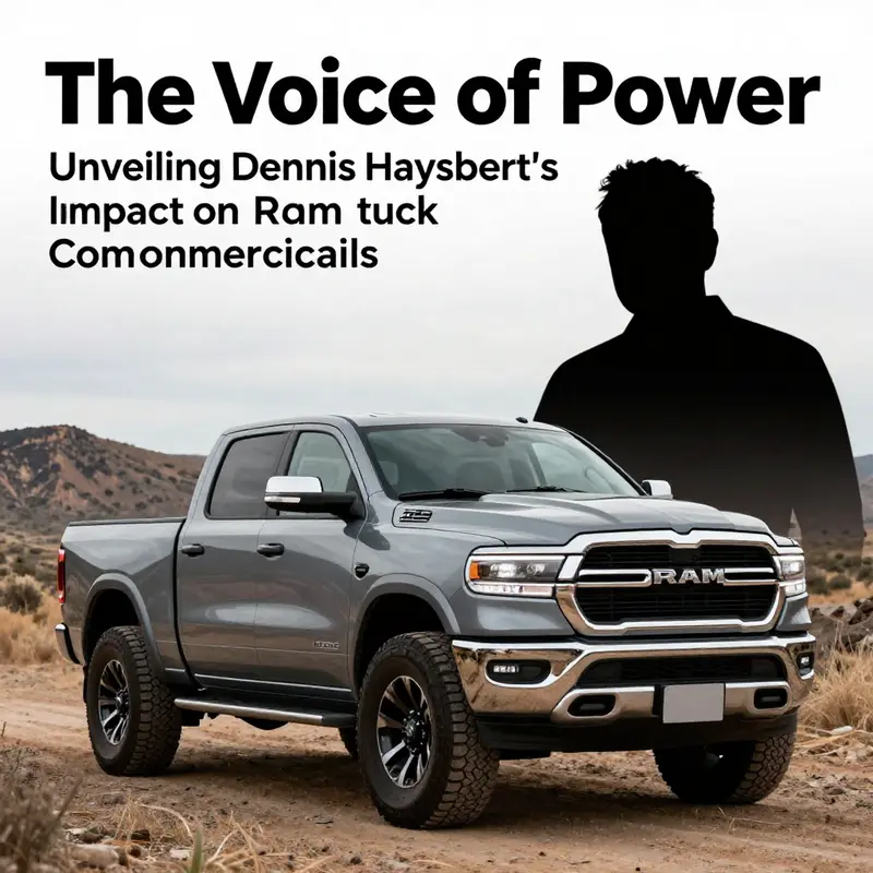 A panoramic view of a Ram Truck in action against a scenic backdrop, with a silhouette of Dennis Haysbert representing the voice that drives the brand.