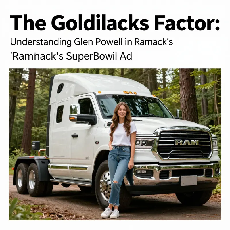 Glen Powell in Goldilocks attire, standing next to a Ram Truck, representing innovation in truck advertising.