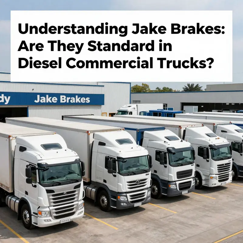 Panoramic view of a logistics fleet of diesel commercial trucks with signs indicating Jake brakes.