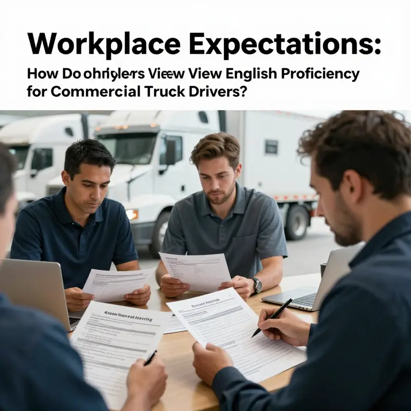 Truck drivers participating in safety discussions highlighting the importance of language proficiency.