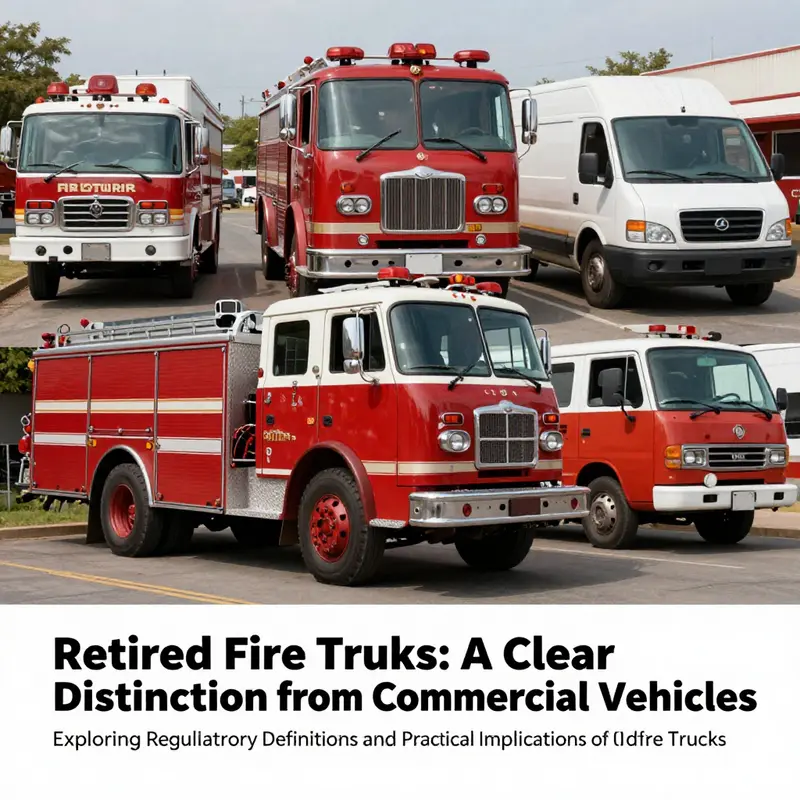 A mix of vehicles including an old retired fire truck, showcasing the distinction between commercial and non-commercial classifications.