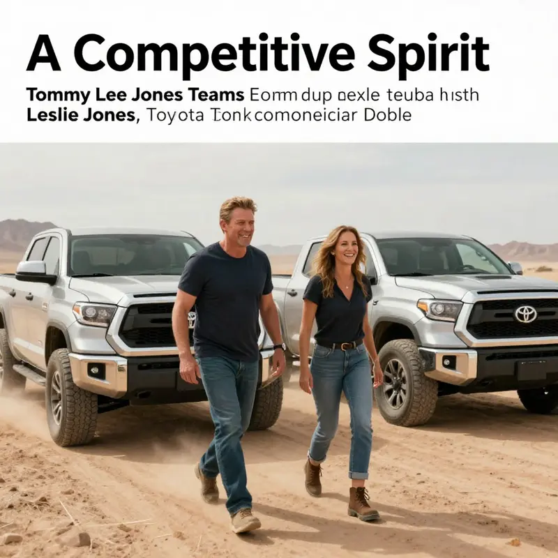 Tommy Lee Jones and Leslie Jones next to their Toyota Tundra trucks, portraying a competitive and fun atmosphere.