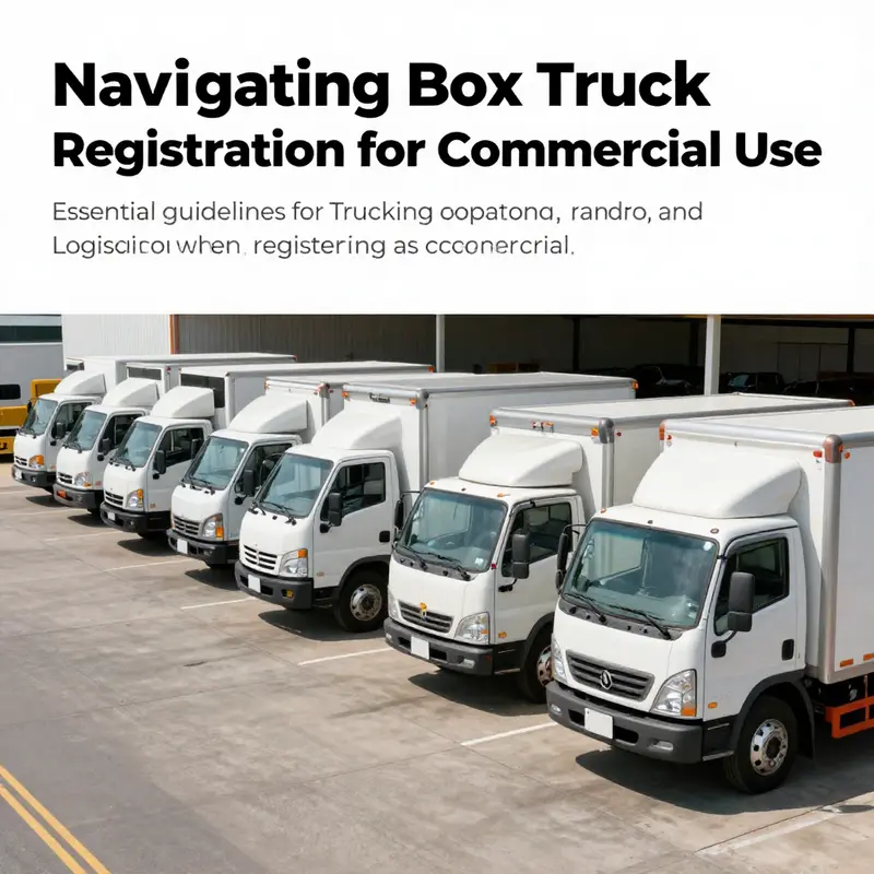 A lineup of commercial box trucks in front of a logistics center, emphasizing the need for proper registration in business.