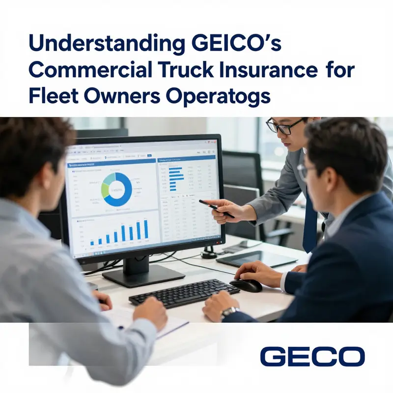 An overview of GEICO’s commercial truck insurance offerings displayed at a logistics hub.